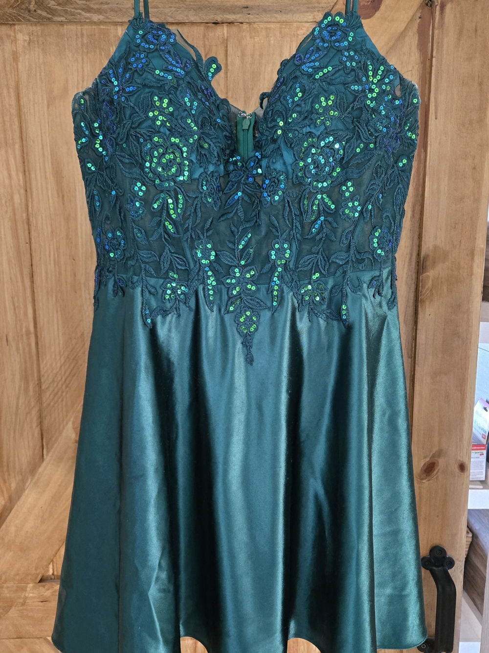 Teal Embellished Satin Skater Dress With Pockets